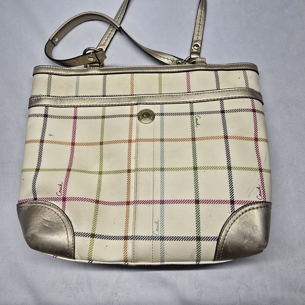 Coach Heritage Plaid Bag Tote Purse brown Stripe 13032 *read* - Picture 2 of 11